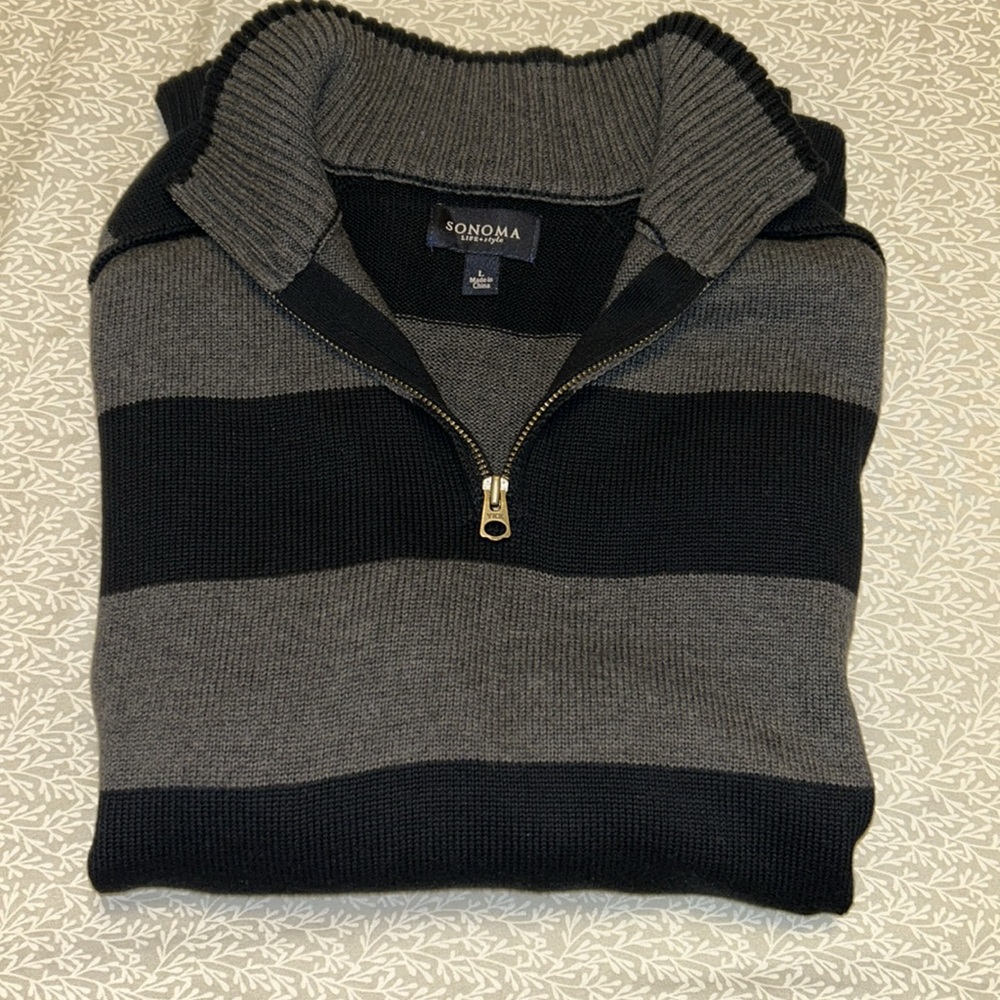 NWOT Sonoma Sweater Mens L Gray/Black Stripe Quarter Zip Pullover Cotton…